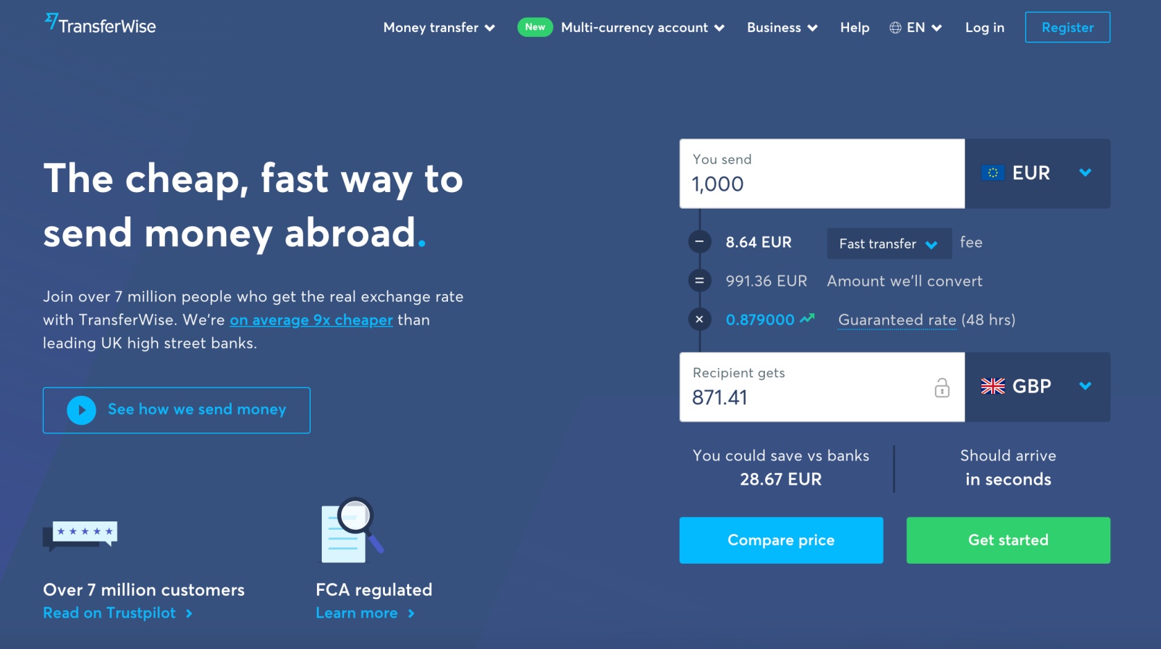 Transferwise landing page example of easy-to-use service
